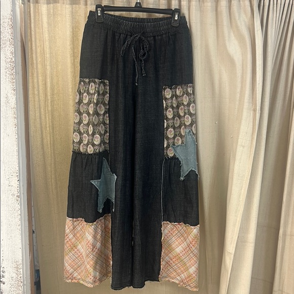 easel Pants - NWT Black Denim Washed Patchwork Palazzo Pants - Easel